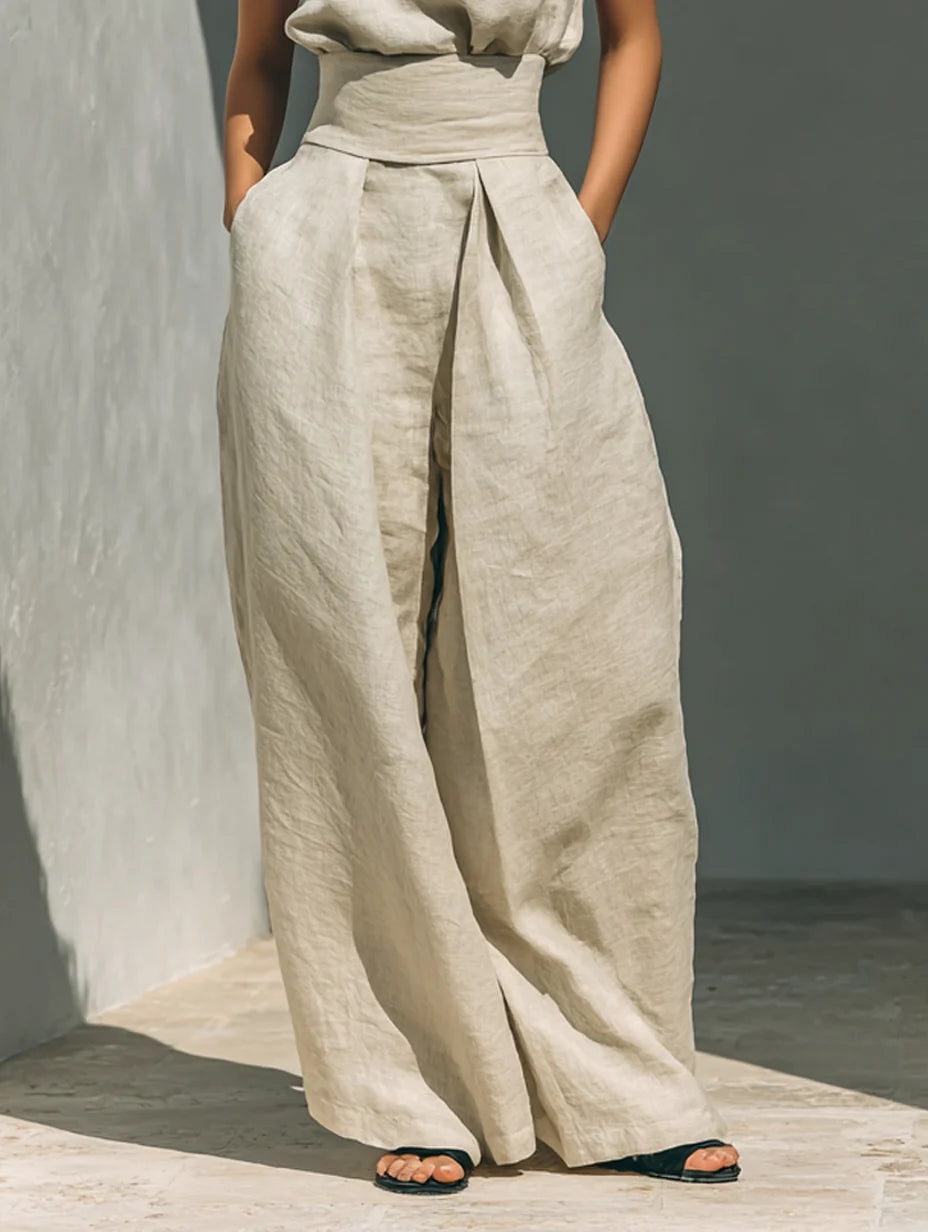 Maria - Conjunto minimalista de camiseta sin mangas y pantalón de pierna ancha de algodón y lino para mujer