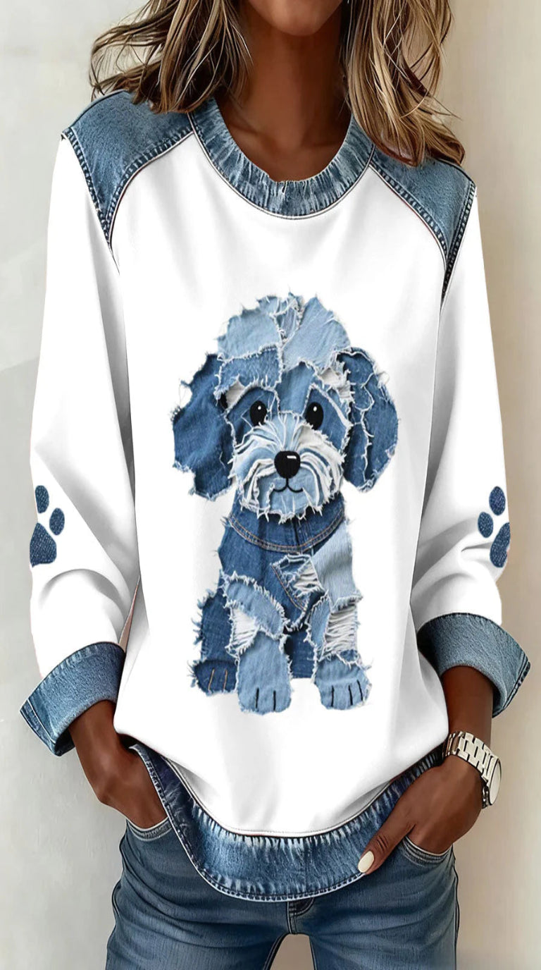 Luz - Sudadera con Patchwork y Estampado de Denim de Perro Peludo