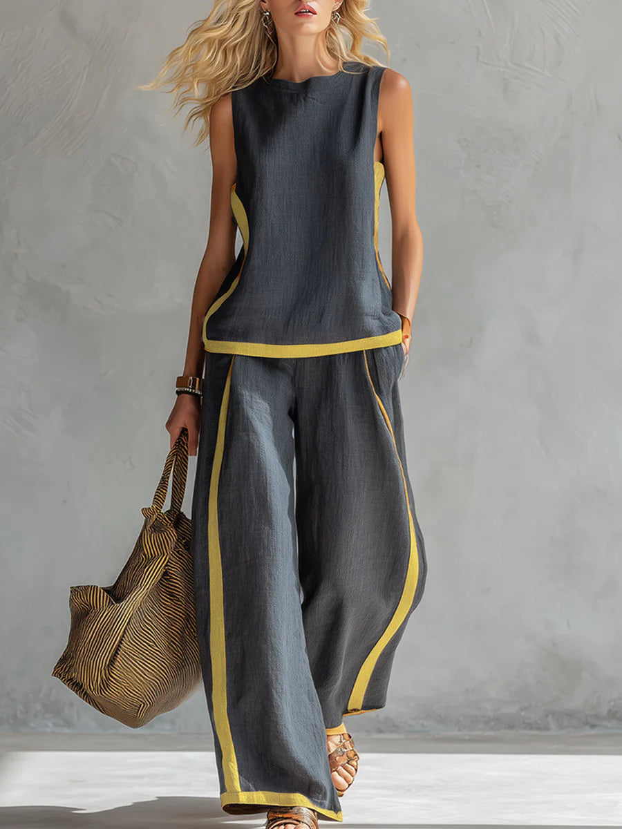Leila - Elegante y casual conjunto de chaleco y pantalón de algodón y lino gris con ribete bicolor.