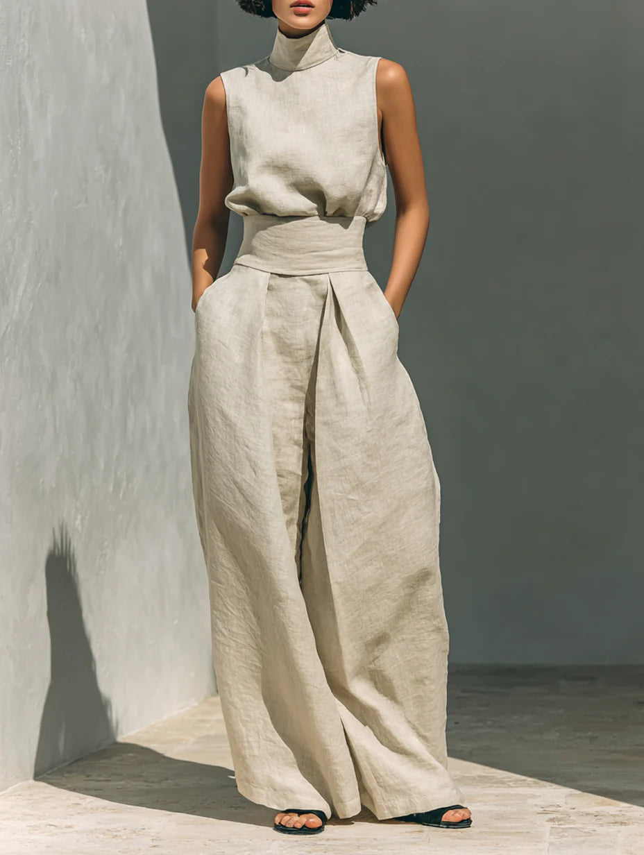 Maria - Conjunto minimalista de camiseta sin mangas y pantalón de pierna ancha de algodón y lino para mujer