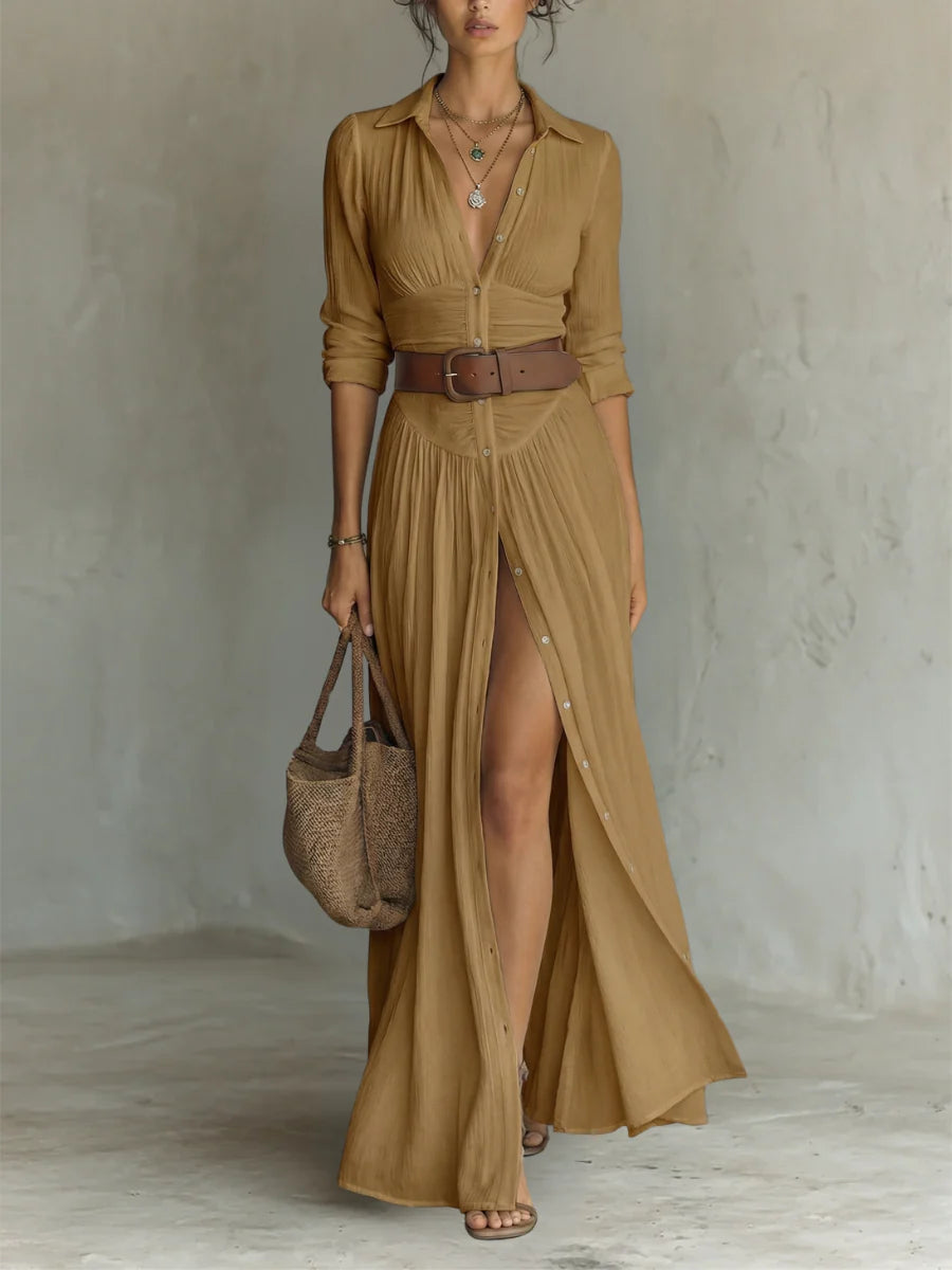 Vestido largo con cuello vuelto y mangas largas de lino
