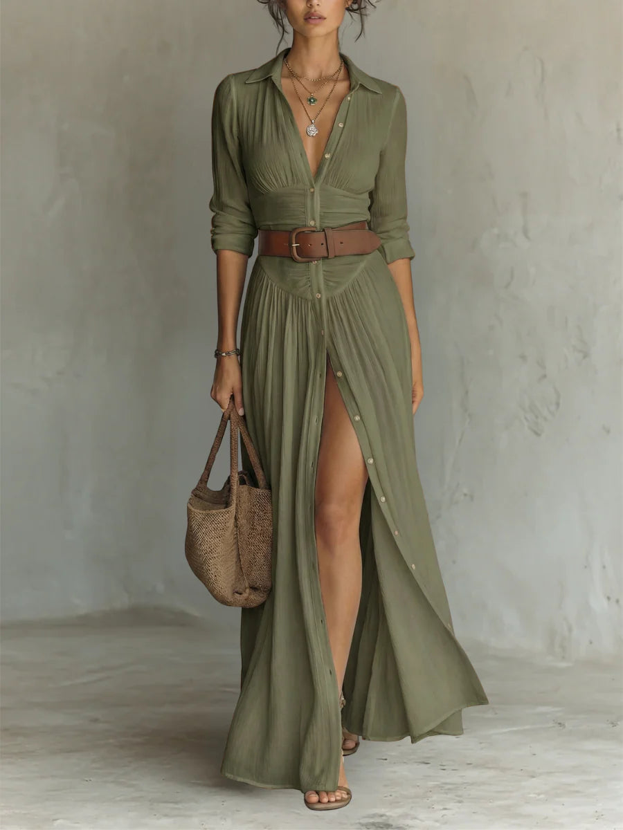 Vestido largo con cuello vuelto y mangas largas de lino