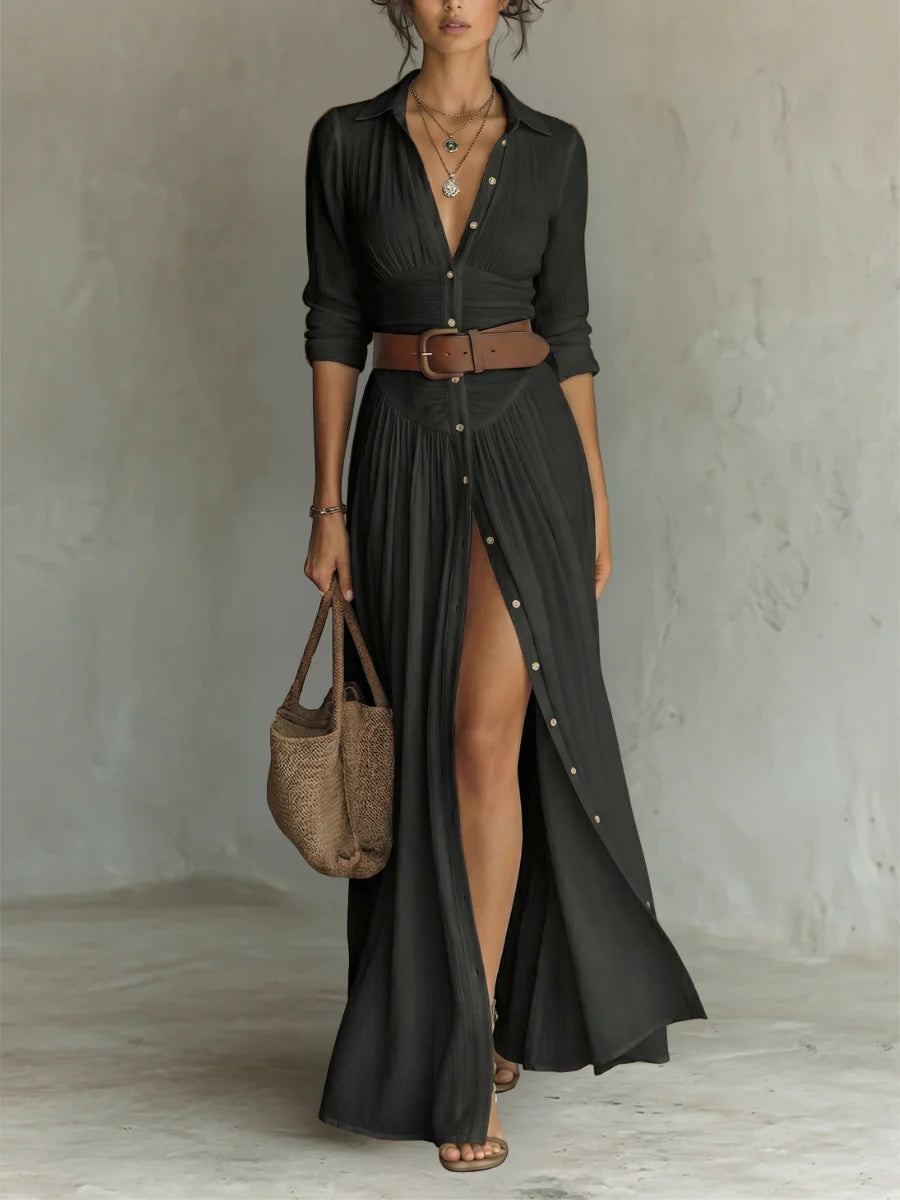 Vestido largo con cuello vuelto y mangas largas de lino