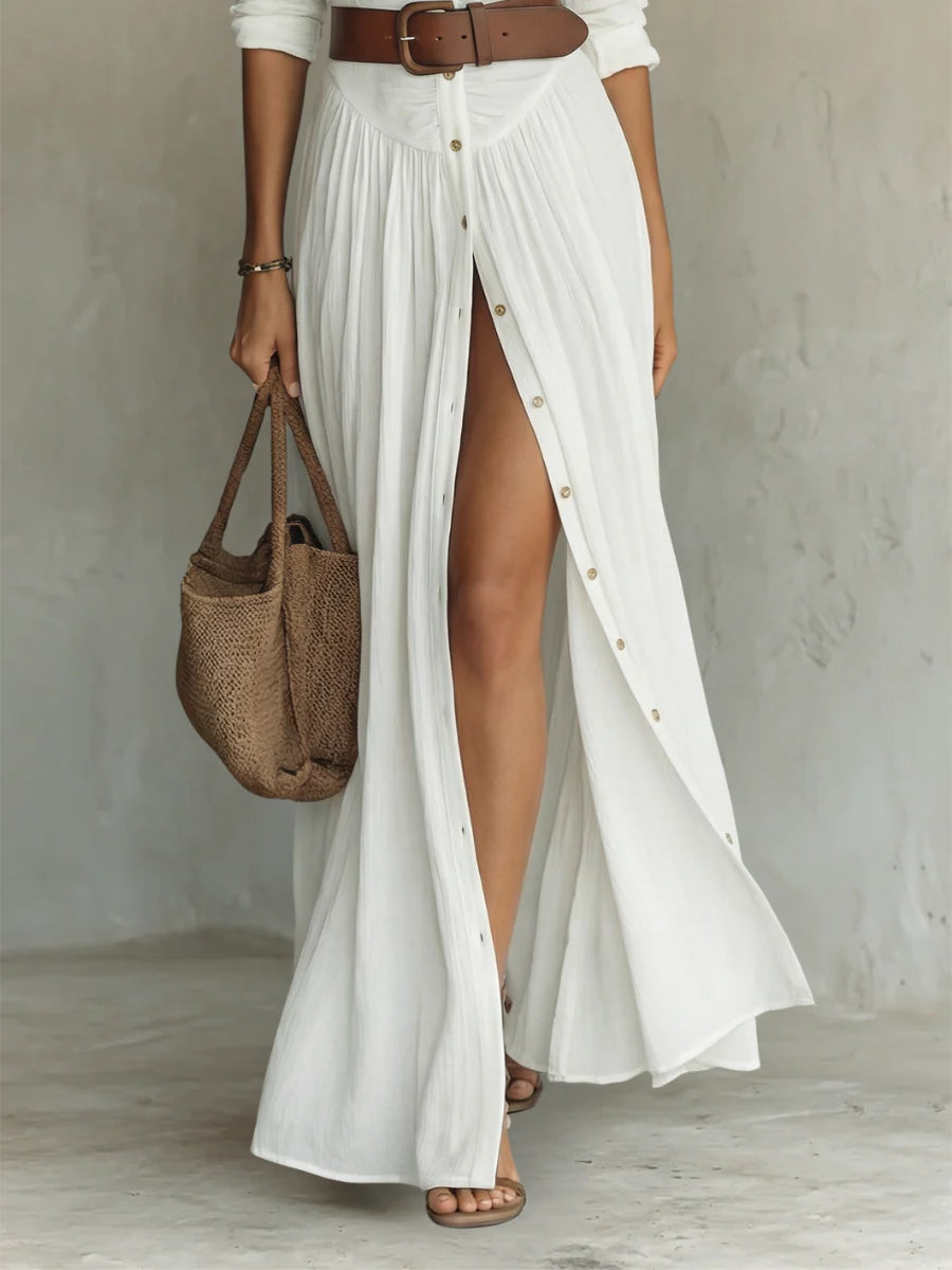Vestido largo con cuello vuelto y mangas largas de lino