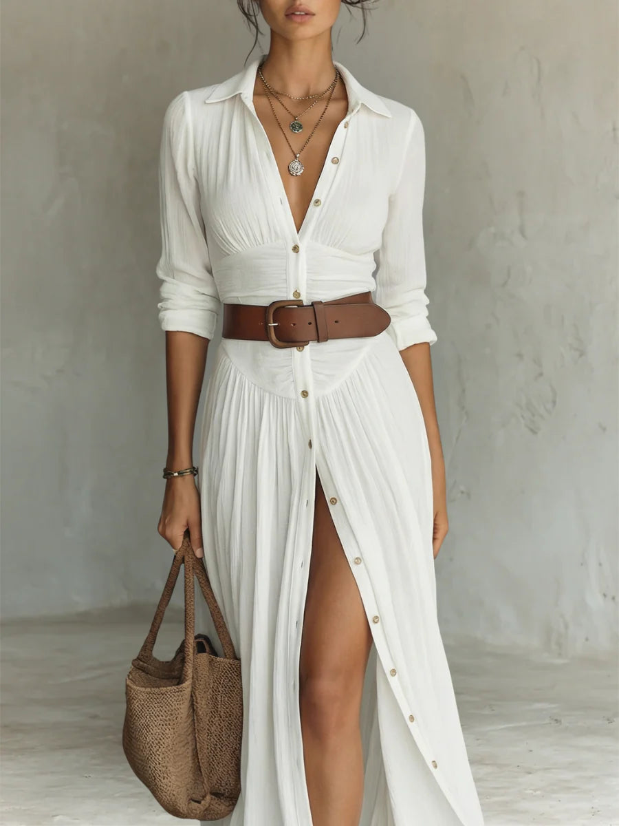 Vestido largo con cuello vuelto y mangas largas de lino