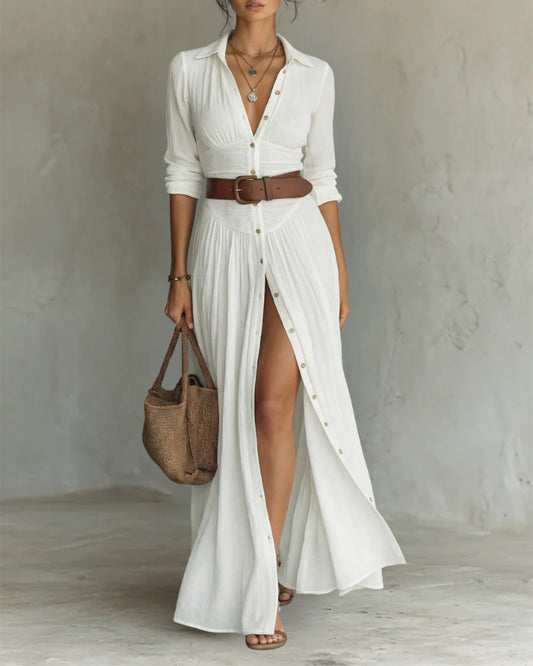 Vestido largo con cuello vuelto y mangas largas de lino