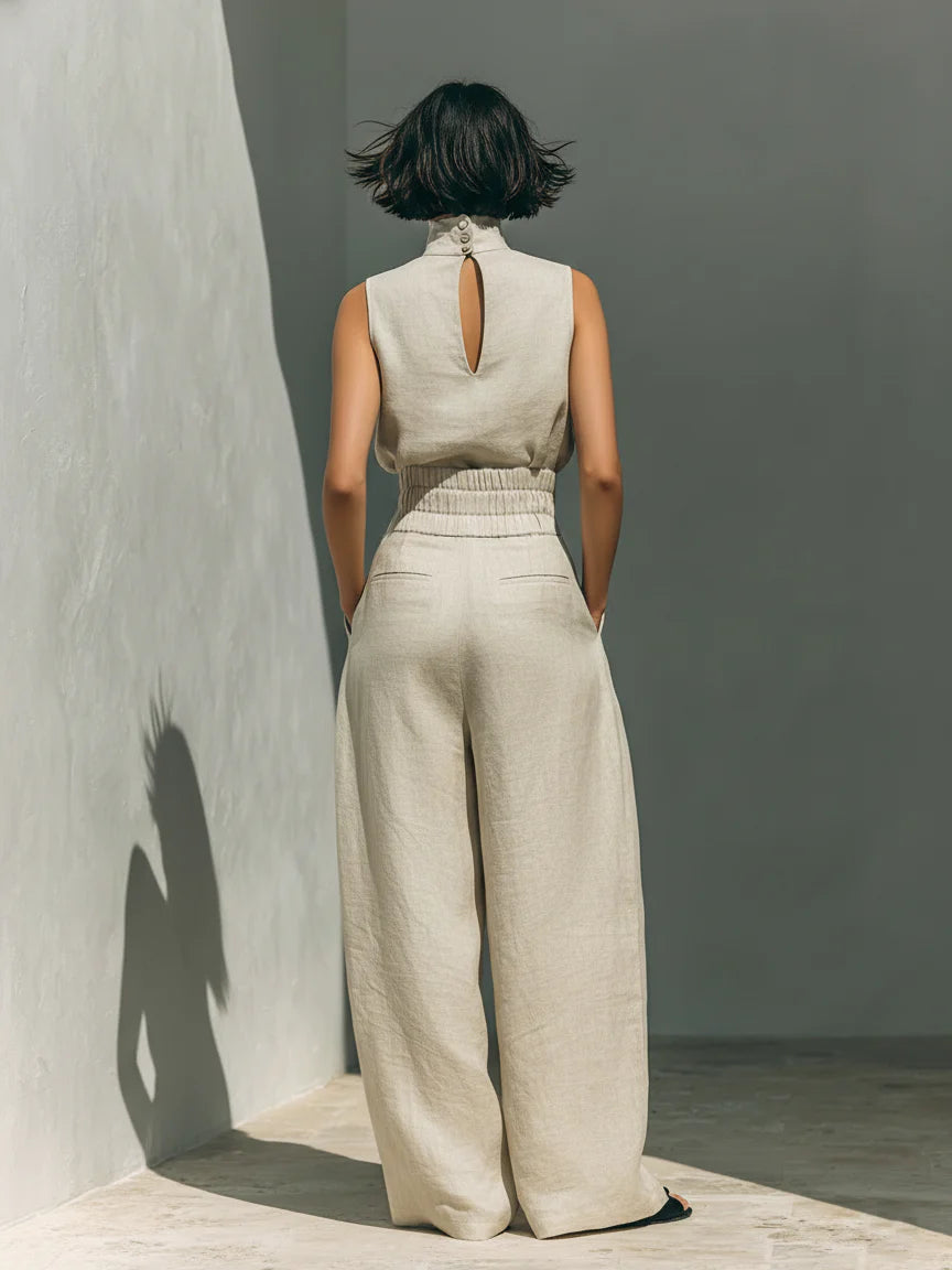 Maria - Conjunto minimalista de camiseta sin mangas y pantalón de pierna ancha de algodón y lino para mujer