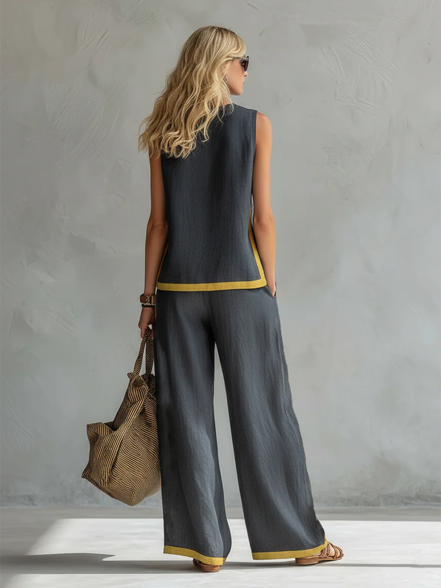 Leila - Elegante y casual conjunto de chaleco y pantalón de algodón y lino gris con ribete bicolor.