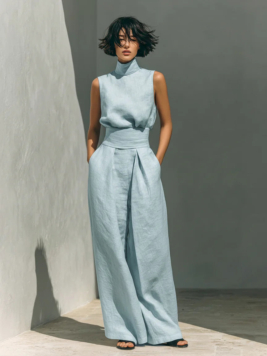 Maria - Conjunto minimalista de camiseta sin mangas y pantalón de pierna ancha de algodón y lino para mujer
